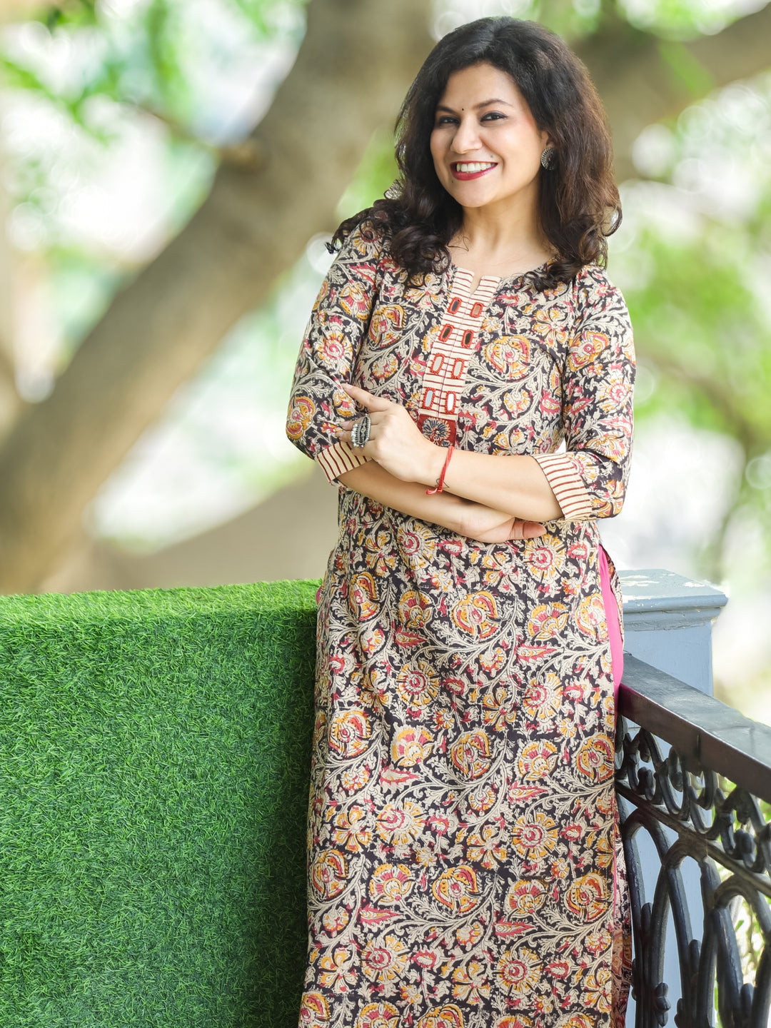 Shanti Pink and Black kalamkari Print with Mirror Work Cotton 2 Piece Set and Pink Bottom