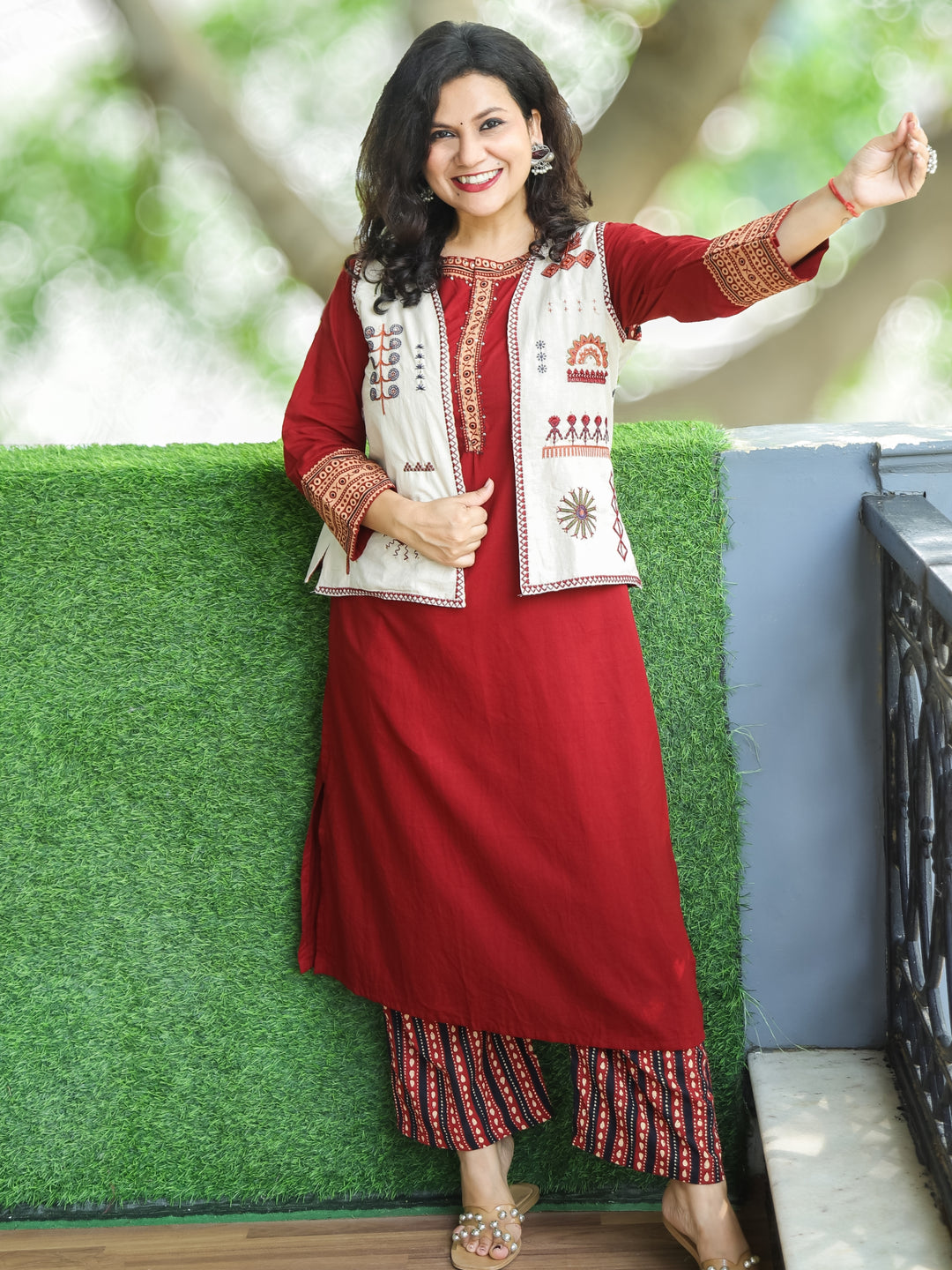 Sukhmani Maroon Red Embellish Neck wotk Cotton 2 Piece Set with Embroidery Jacket