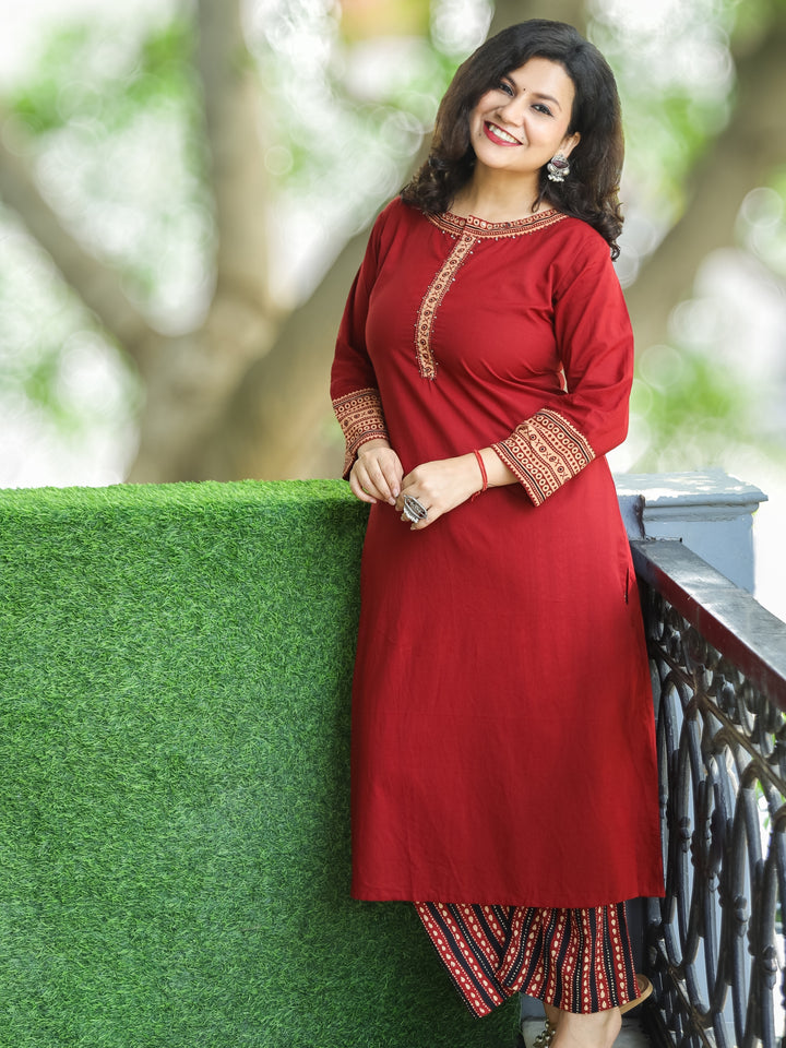 Sukhmani Maroon Red Embellish Neck wotk Cotton 2 Piece Set with Embroidery Jacket