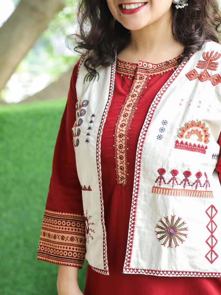 Sukhmani Maroon Red Embellish Neck wotk Cotton 2 Piece Set with Embroidery Jacket