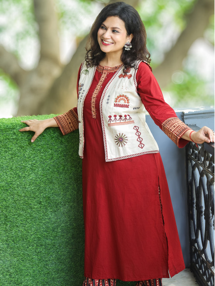 Sukhmani Maroon Red Embellish Neck wotk Cotton 2 Piece Set with Embroidery Jacket