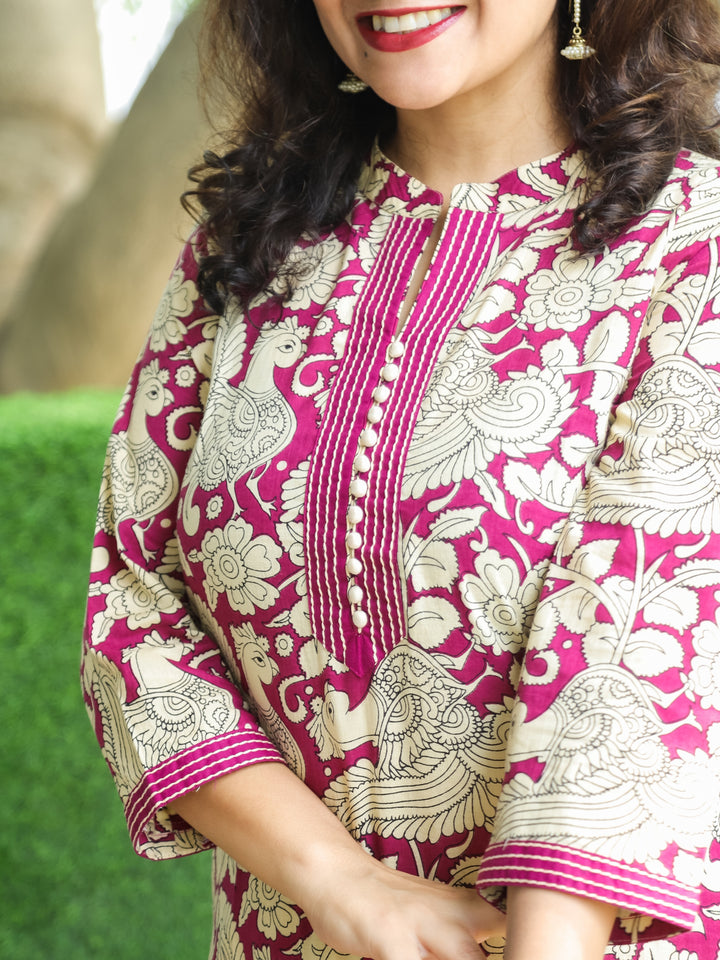 Sharmili Magenta Ban Collar with Potli Button and Thread Kalamkari Floral Print Cotton Kurti