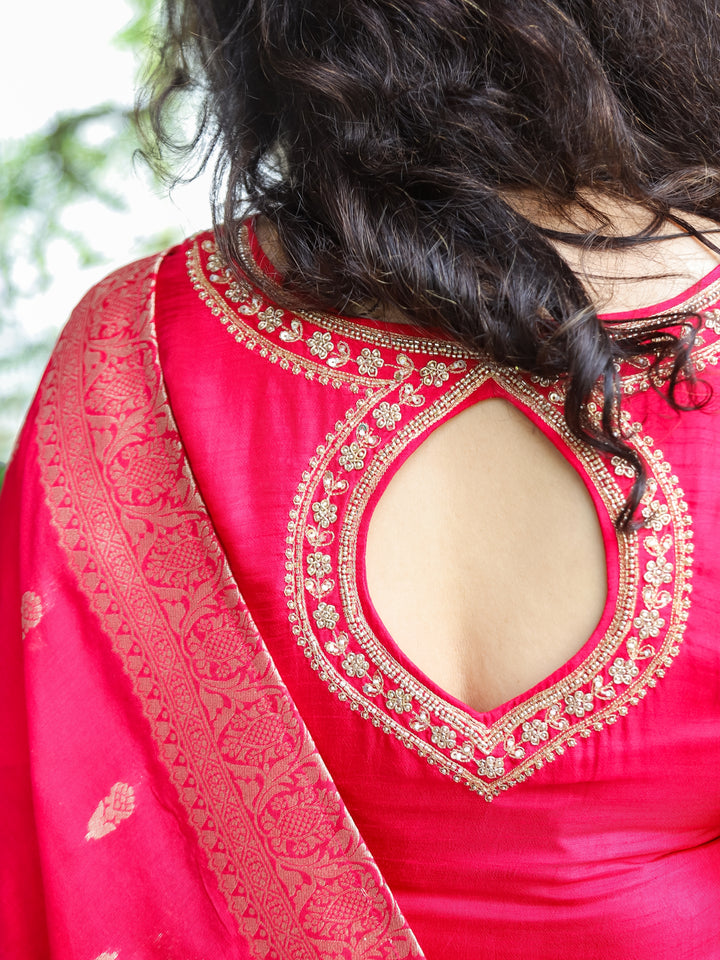 Shaagun Rani Pink  Embellished V Neckline Work Dola Silk 3 Piece Set