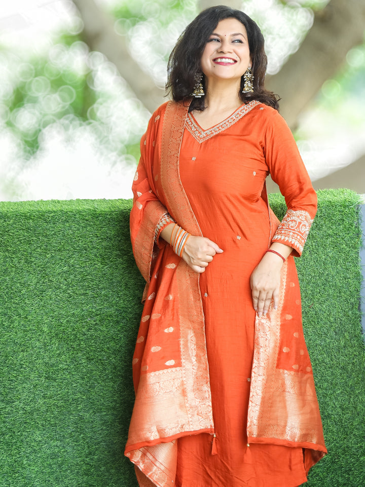 Shaagun Cayenne Rust Embellished V Neckline Work Dola Silk 3 Piece Set
