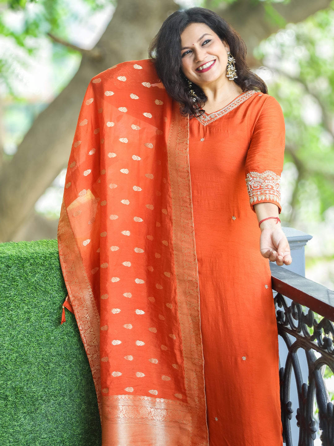 Shaagun Cayenne Rust Embellished V Neckline Work Dola Silk 3 Piece Set