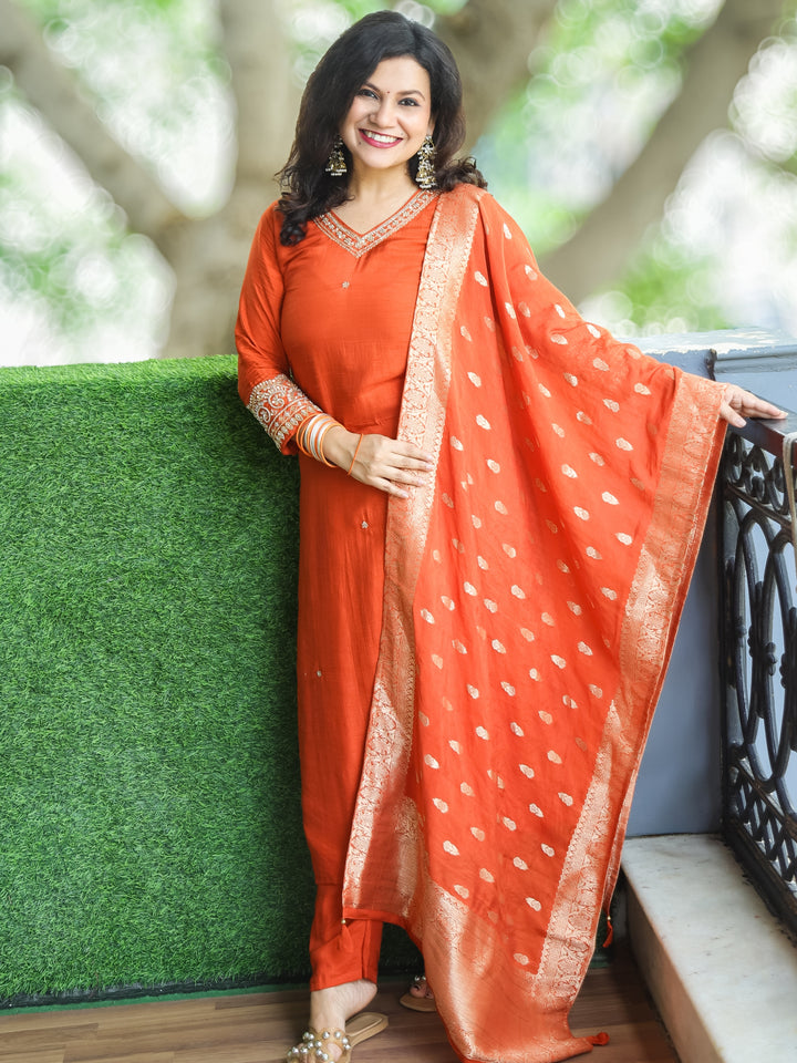 Shaagun Cayenne Rust Embellished V Neckline Work Dola Silk 3 Piece Set