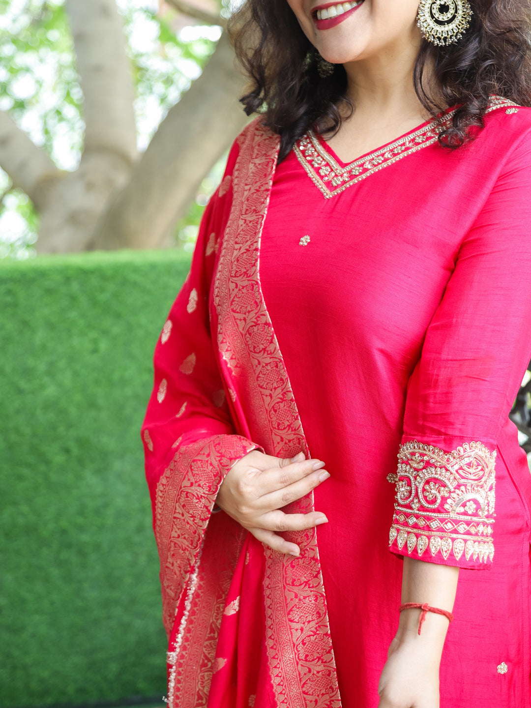 Shaagun Rani Pink  Embellished V Neckline Work Dola Silk 3 Piece Set