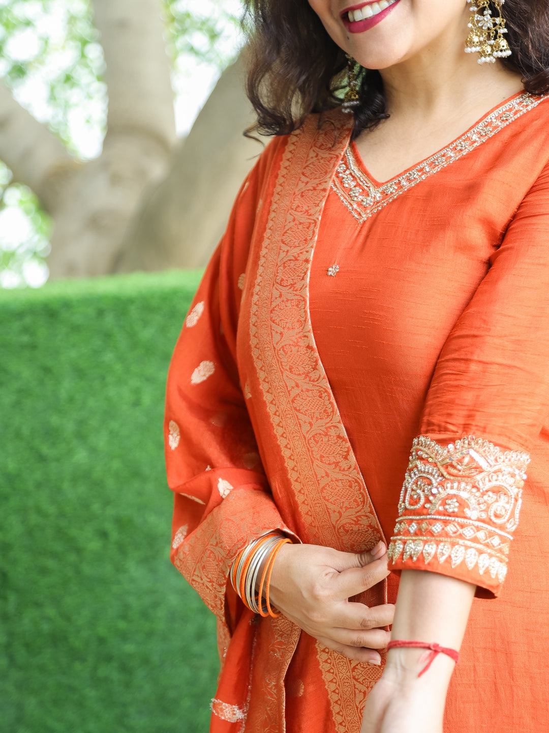 Shaagun Cayenne Rust Embellished V Neckline Work Dola Silk 3 Piece Set