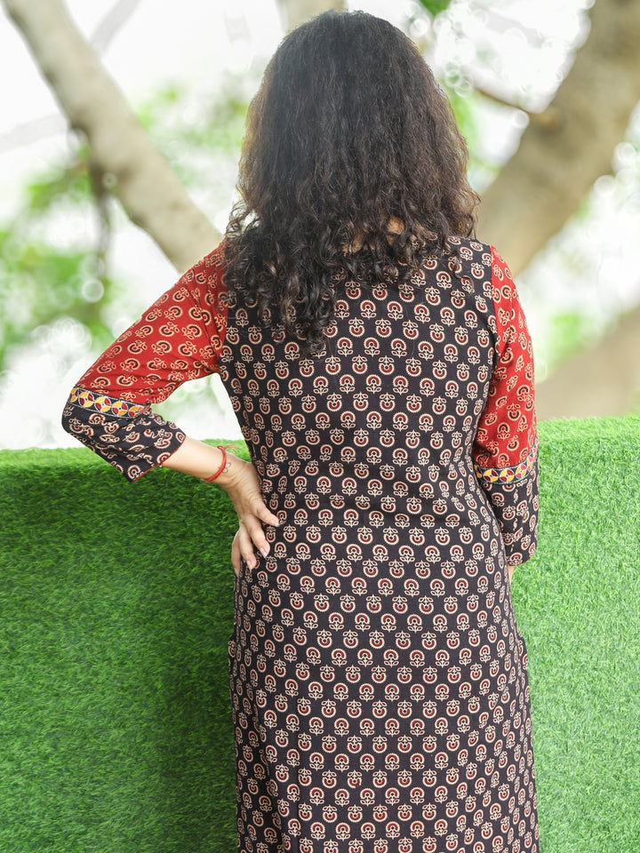 Gauri Ebony Black with Embroidered Patch Yoke in Gamthi Print Cotton Kurti