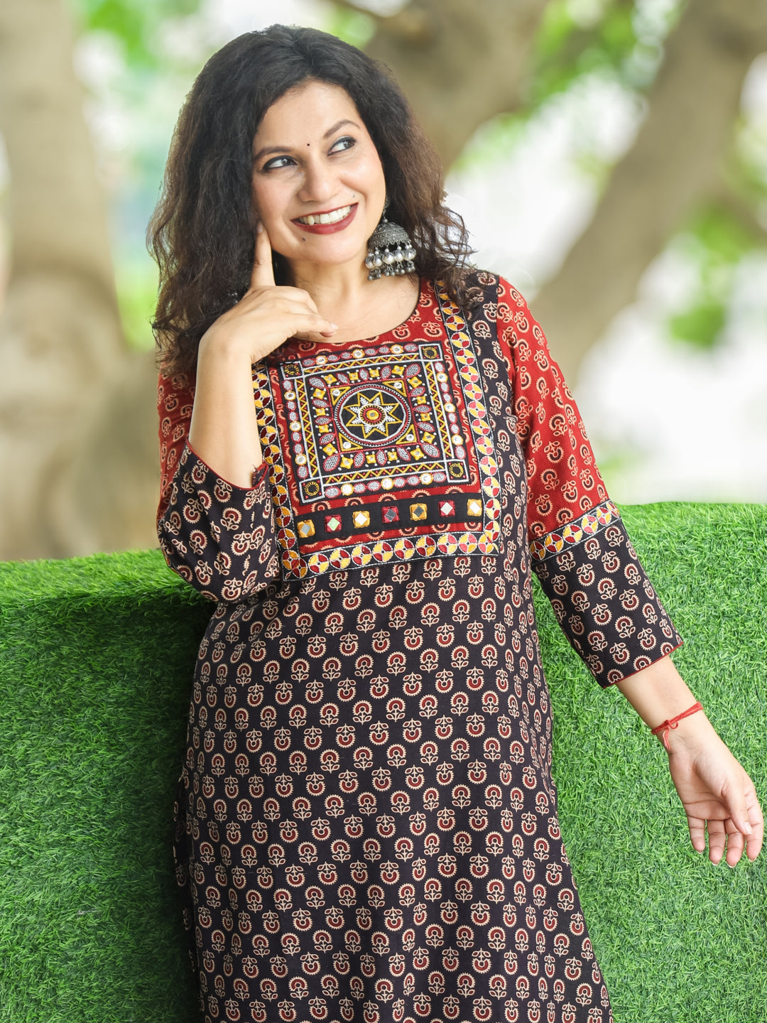 Gauri Ebony Black with Embroidered Patch Yoke in Gamthi Print Cotton Kurti