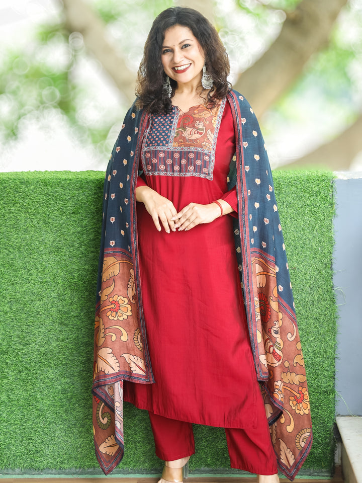 Sukhmani Maroon Red Floral Printed Patch Yoke with Patra Work Modal 3 Piece Set