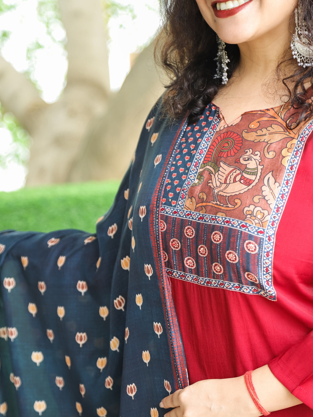 Sukhmani Maroon Red Floral Printed Patch Yoke with Patra Work Modal 3 Piece Set