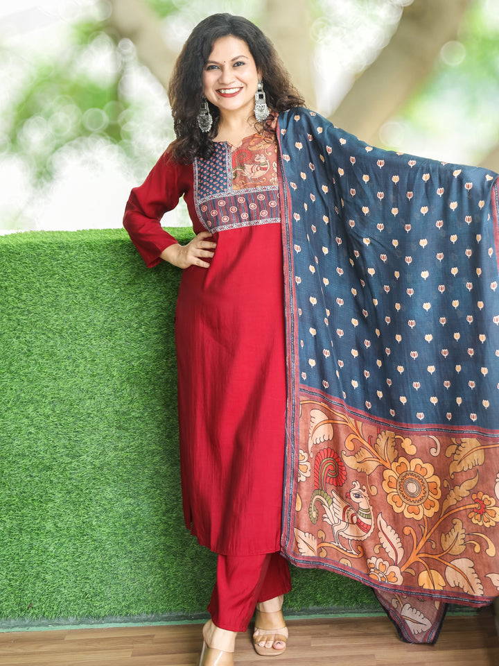 Sukhmani Maroon Red Floral Printed Patch Yoke with Patra Work Modal 3 Piece Set