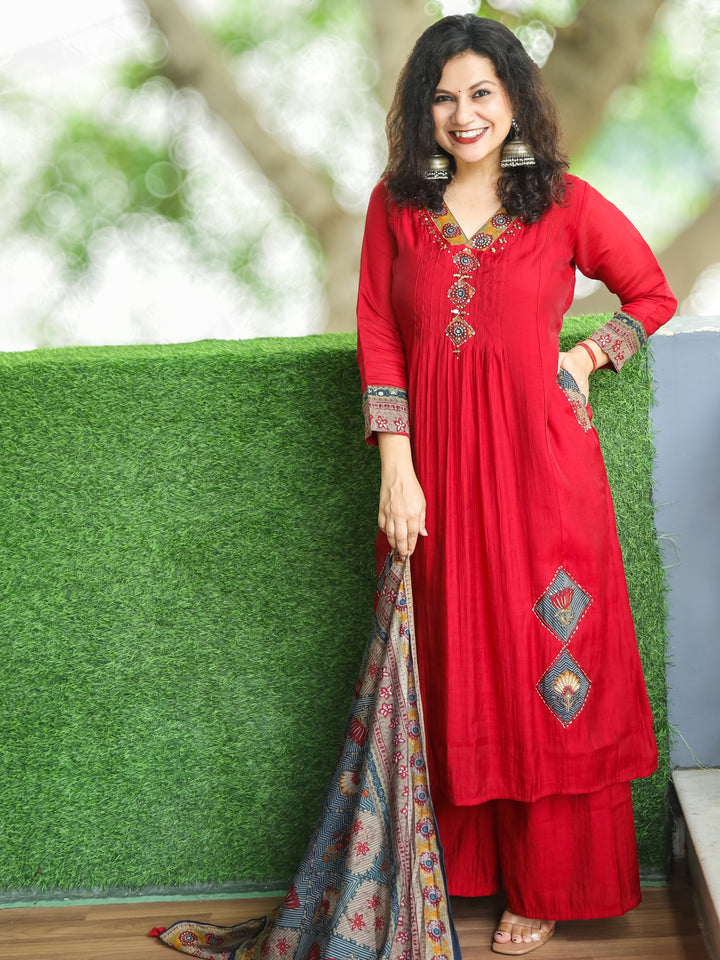 Sukhmani Berry Maroon Embellish V Neck with Pintuck and Gathered Work Modal 3 Piece Set