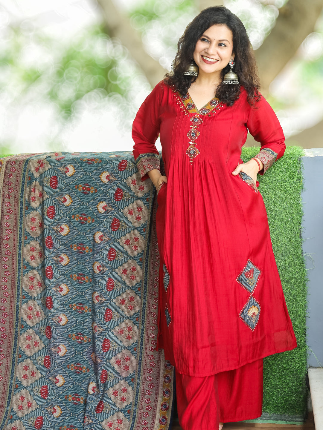Sukhmani Berry Maroon Embellish V Neck with Pintuck and Gathered Work Modal 3 Piece Set