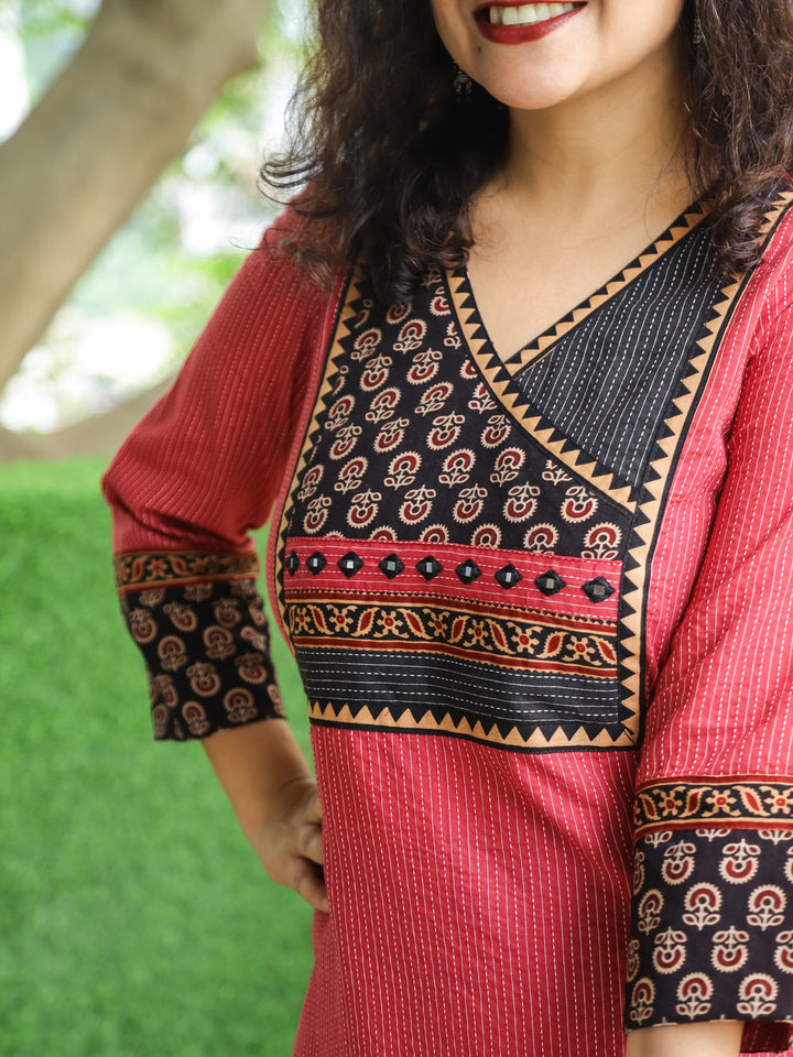 Haniyaa Apple Red Angrakha Neck Style with Ajrak Print Yoke Kantha Cotton Kurti-D2