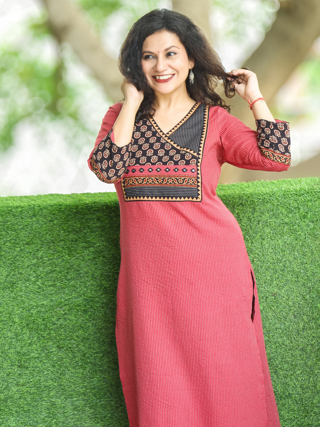 Haniyaa Apple Red Angrakha Neck Style with Ajrak Print Yoke Kantha Cotton Kurti-D2