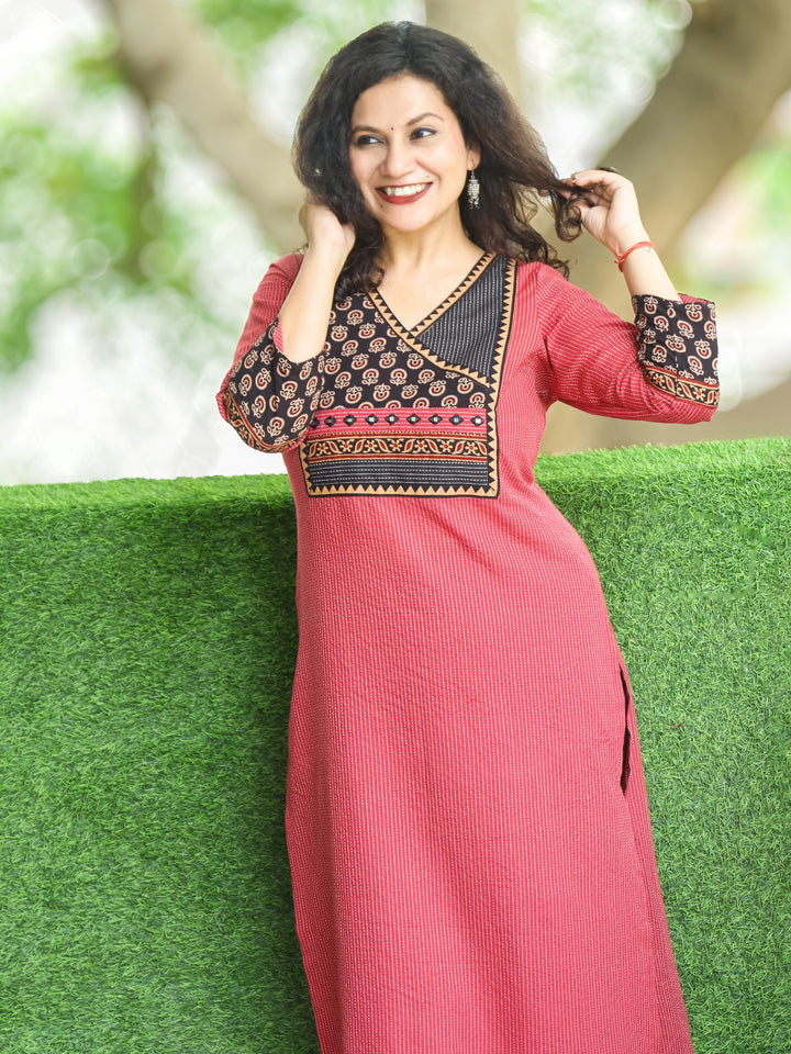 Haniyaa Apple Red Angrakha Neck Style with Ajrak Print Yoke Kantha Cotton Kurti-D2