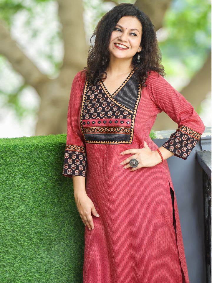 Haniyaa Apple Red Angrakha Neck Style with Ajrak Print Yoke Kantha Cotton Kurti-D2