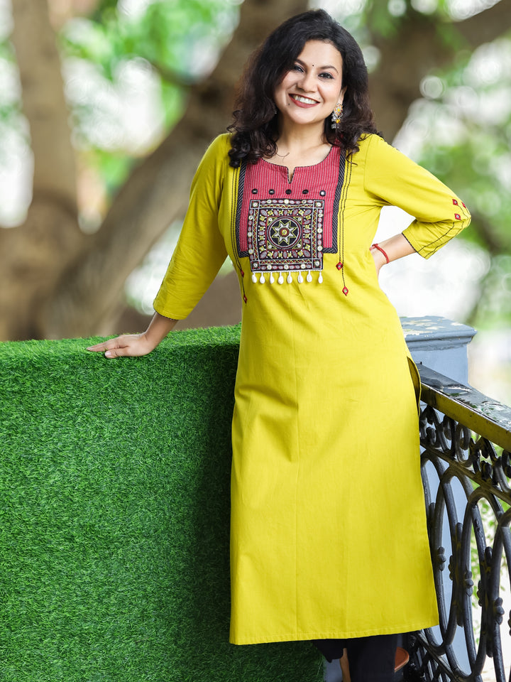Vamika Lemon Yellow with Embroidered Patch Yoke with Shell Work Cotton Kurti