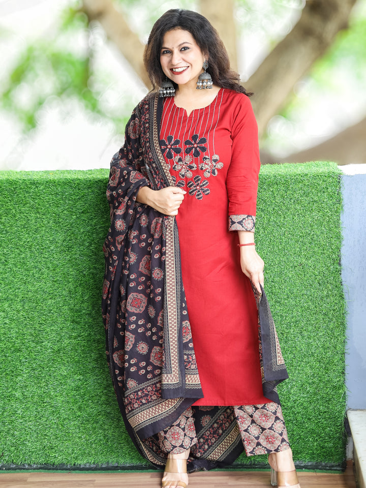 Shalini Berry Red Thread and Applique Work with Mirror Detailing Cotton 3 PIece Set