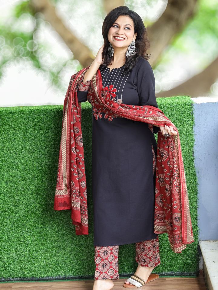 Shalini Raven Black Thread and Applique Work with Mirror Detailing Cotton 3 PIece Set