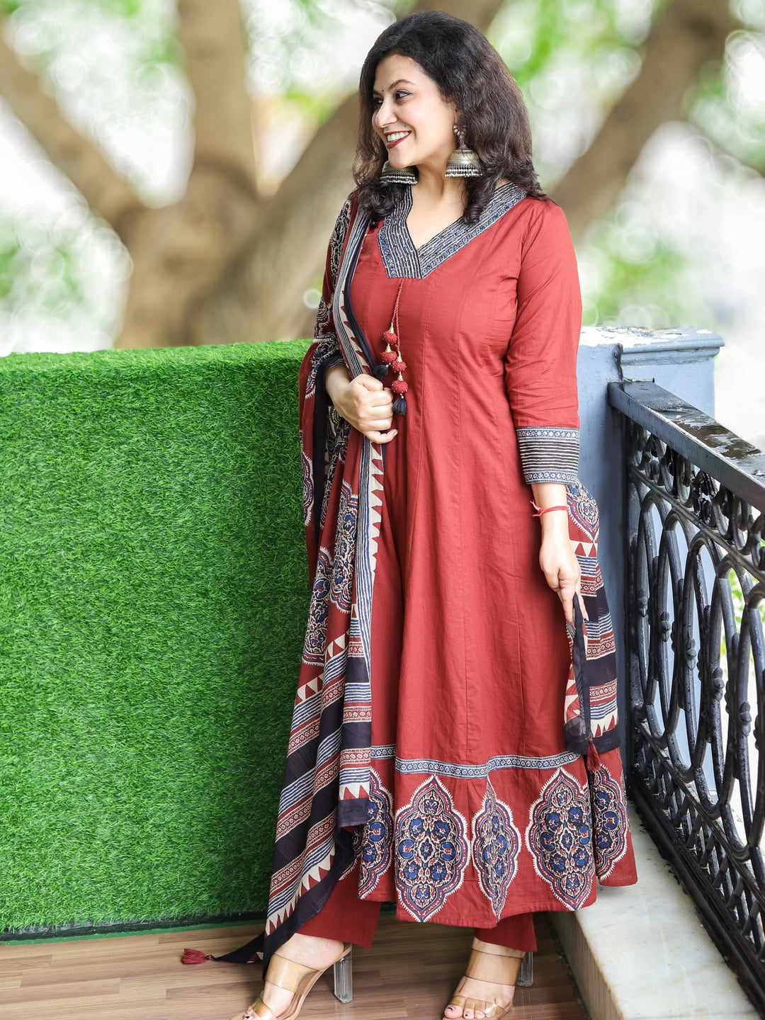 Shalini Dark Maroon V Neck with Hanging in Kali Cut Style Cotton 3 Piece Set