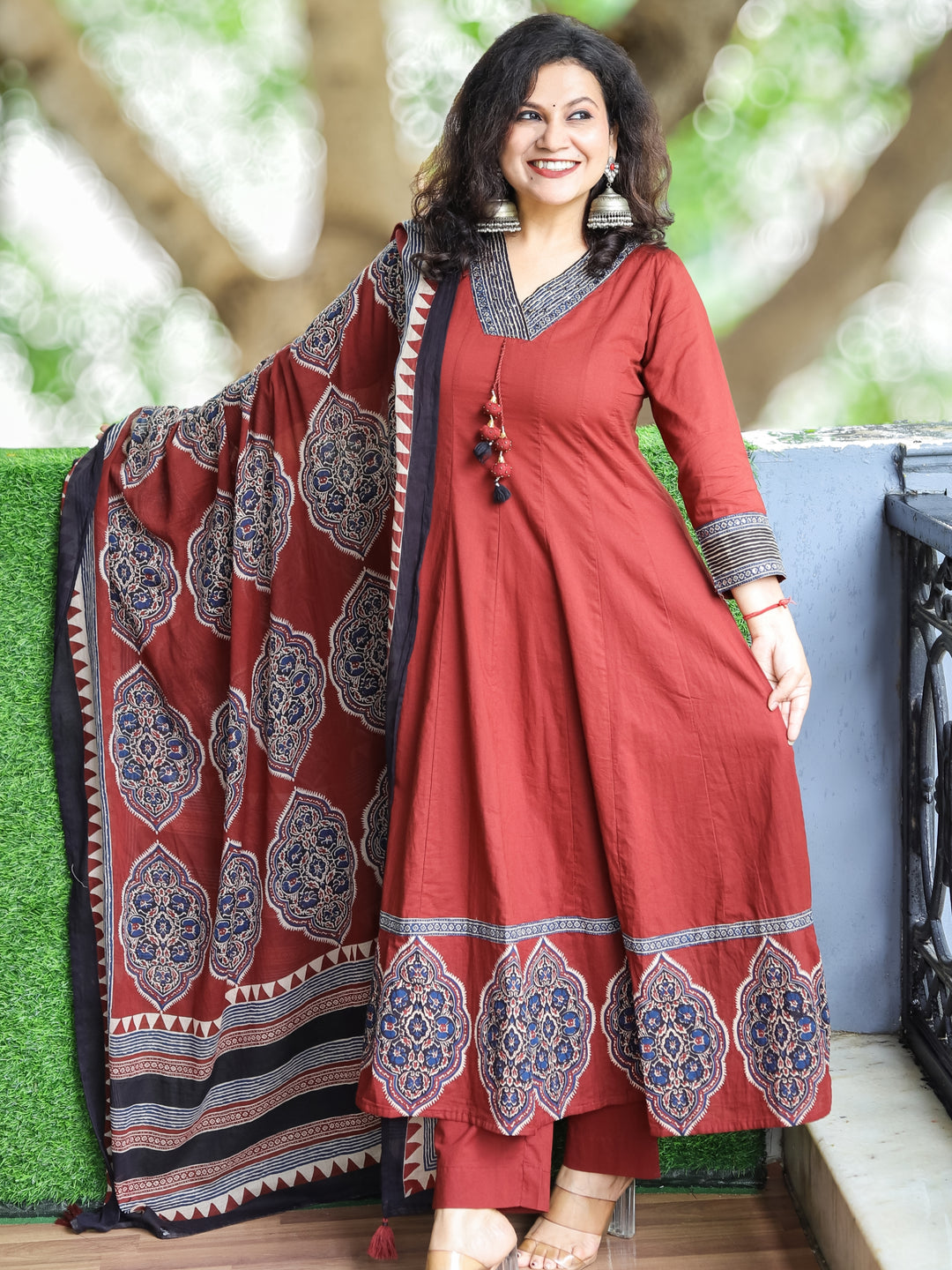 Shalini Dark Maroon V Neck with Hanging in Kali Cut Style Cotton 3 Piece Set