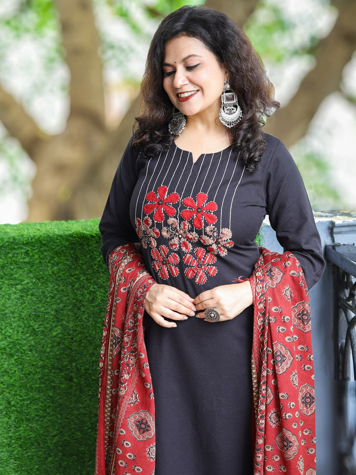 Shalini Raven Black Thread and Applique Work with Mirror Detailing Cotton 3 PIece Set