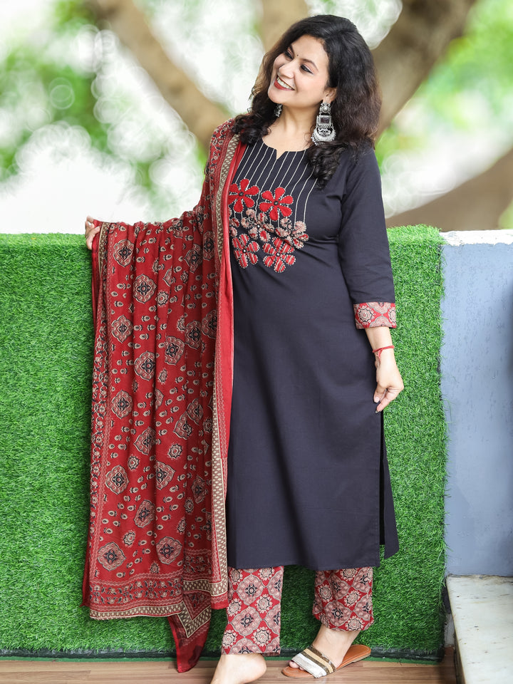 Shalini Raven Black Thread and Applique Work with Mirror Detailing Cotton 3 PIece Set