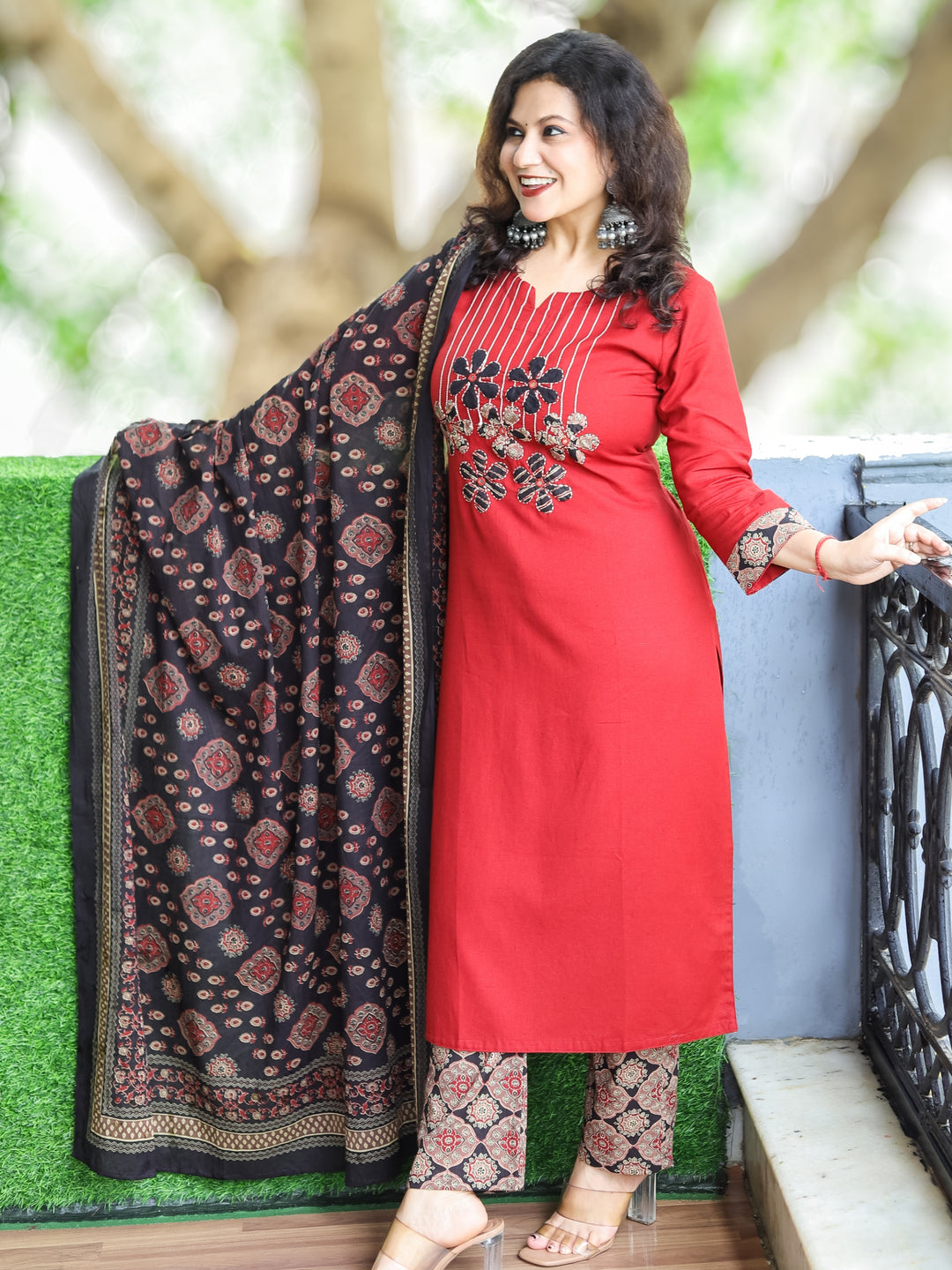 Shalini Berry Red Thread and Applique Work with Mirror Detailing Cotton 3 PIece Set