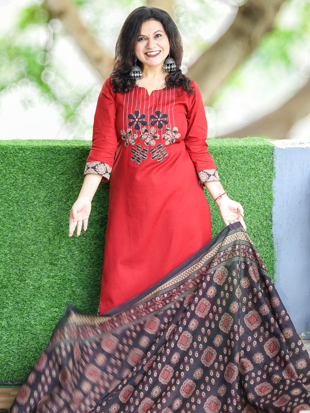 Shalini Berry Red Thread and Applique Work with Mirror Detailing Cotton 3 PIece Set