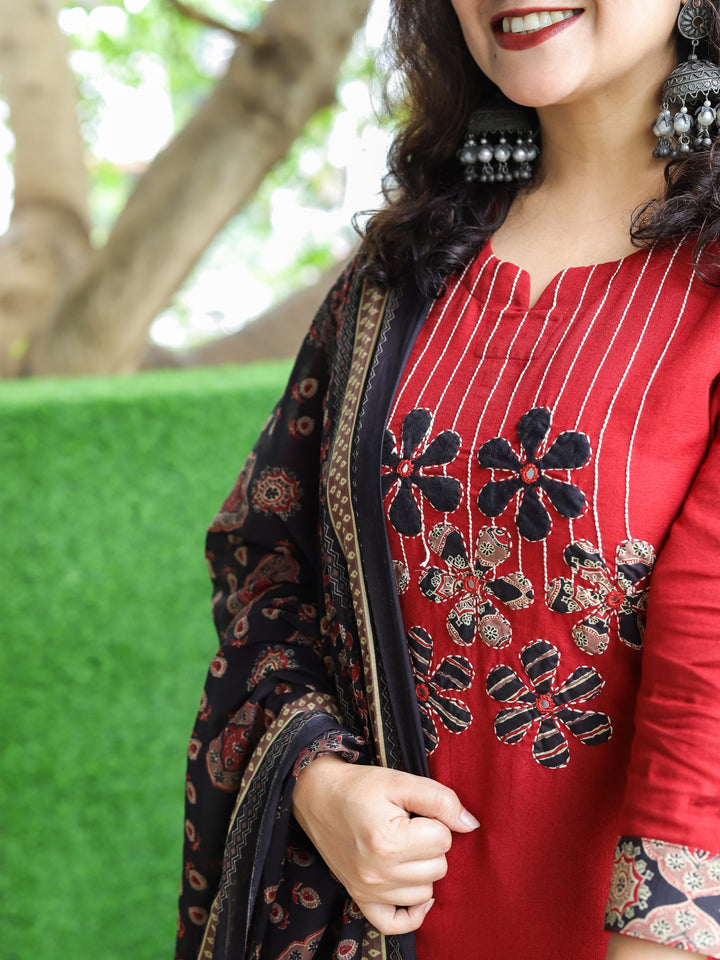 Shalini Berry Red Thread and Applique Work with Mirror Detailing Cotton 3 PIece Set