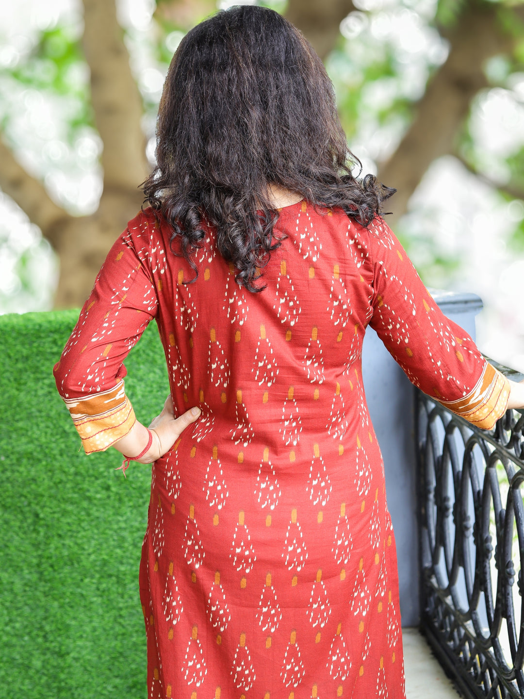 Ragini Barn Brown Thread Work Yoke with Mirror Detailing in Ikkat Printed Cotton Kurti