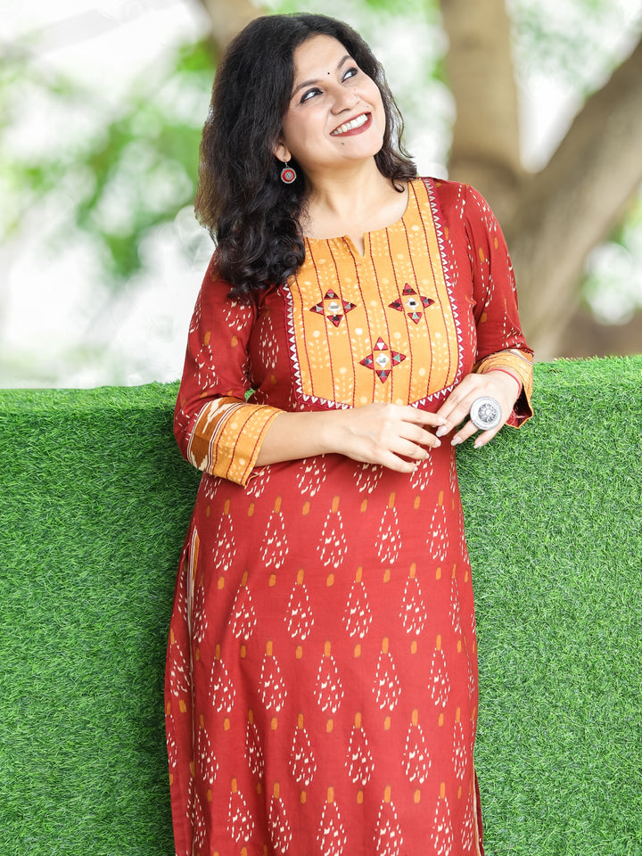 Ragini Barn Brown Thread Work Yoke with Mirror Detailing in Ikkat Printed Cotton Kurti
