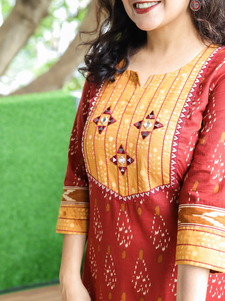 Ragini Barn Brown Thread Work Yoke with Mirror Detailing in Ikkat Printed Cotton Kurti