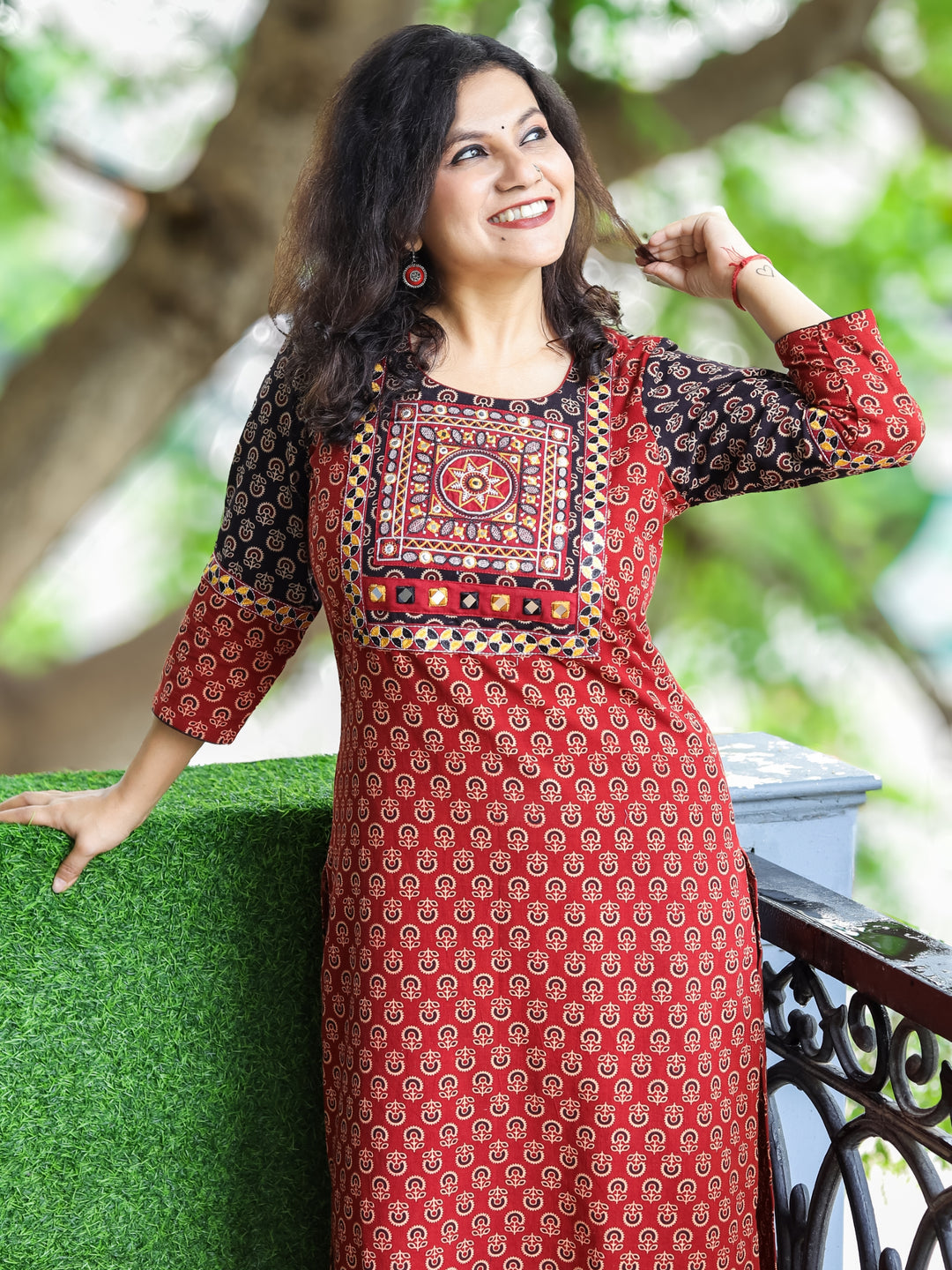 Gauri Maroon Red with Embroidered Patch Yoke in Gamthi Print Cotton Kurti