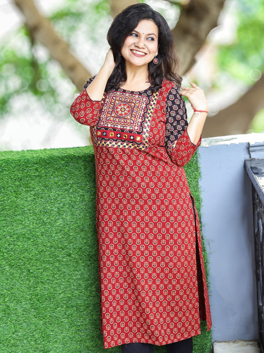 Gauri Maroon Red with Embroidered Patch Yoke in Gamthi Print Cotton Kurti