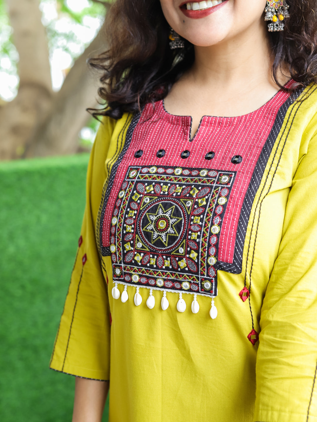 Vamika Lemon Yellow with Embroidered Patch Yoke with Shell Work Cotton Kurti
