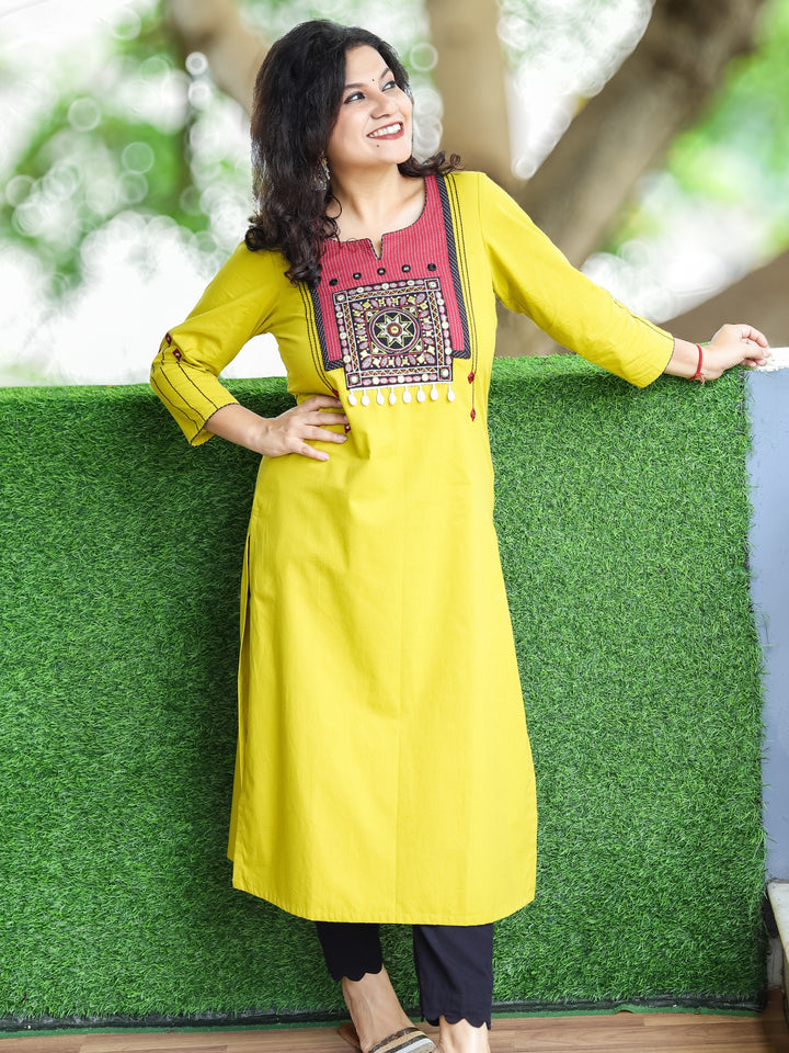 Vamika Lemon Yellow with Embroidered Patch Yoke with Shell Work Cotton Kurti