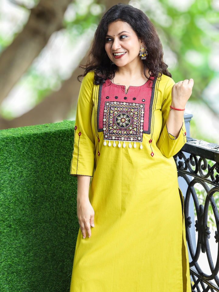 Vamika Lemon Yellow with Embroidered Patch Yoke with Shell Work Cotton Kurti