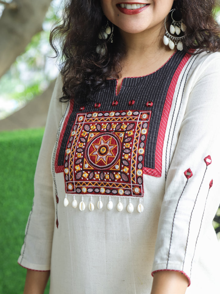 Vamika Off-White with Embroidered Patch Yoke with Shell Work Cotton Kurti