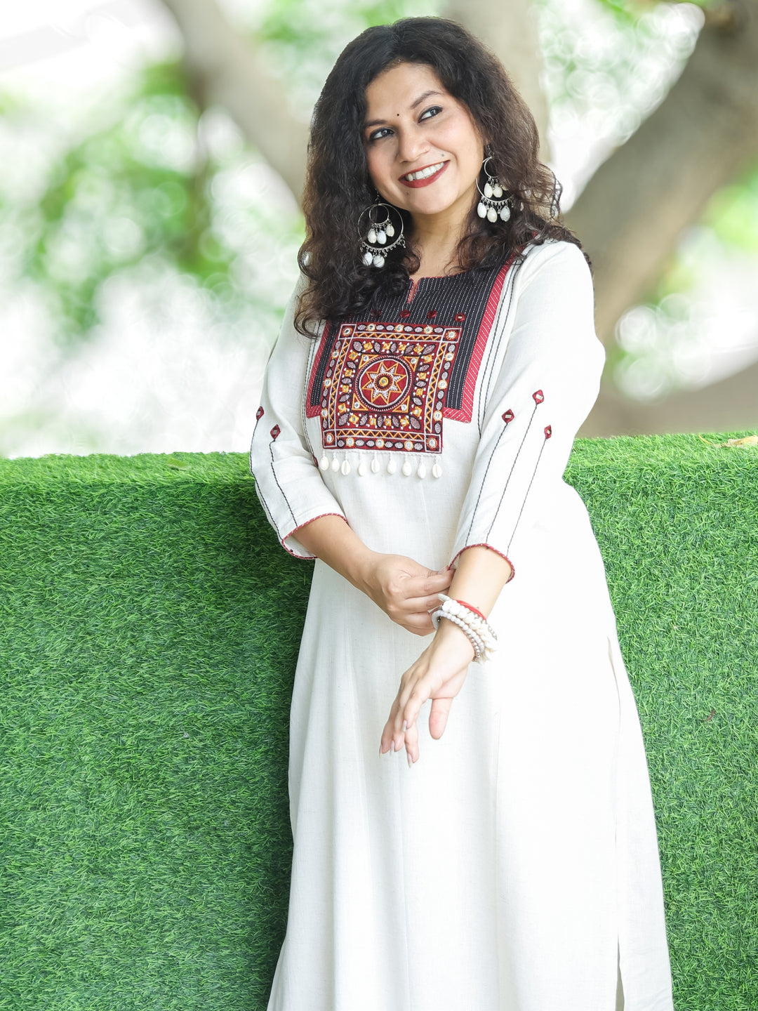 Vamika Off-White with Embroidered Patch Yoke with Shell Work Cotton Kurti