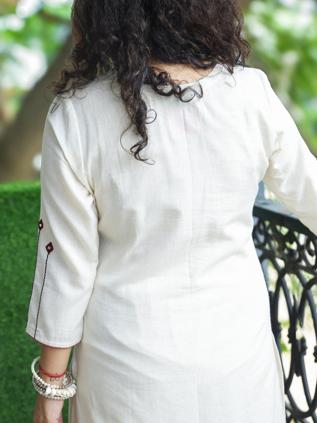 Vamika Off-White with Embroidered Patch Yoke with Shell Work Cotton Kurti