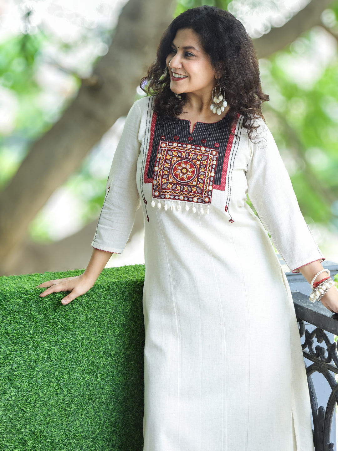 Vamika Off-White with Embroidered Patch Yoke with Shell Work Cotton Kurti