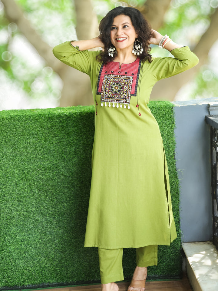 Vamika Pine Green with Embroidered Patch Yoke with Shell Work Cotton Kurti