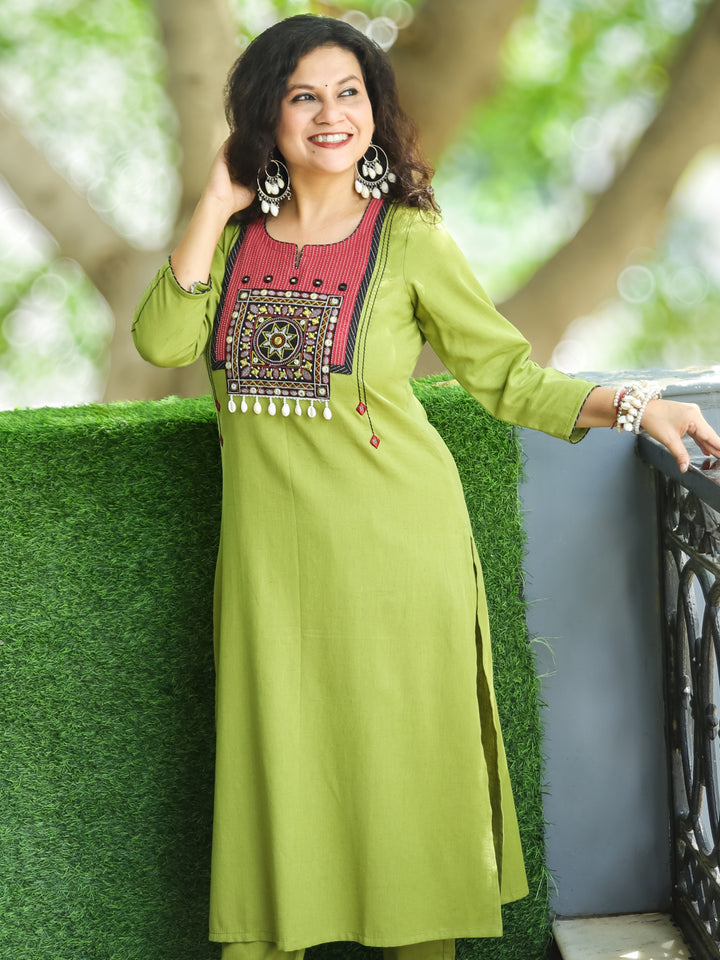 Vamika Pine Green with Embroidered Patch Yoke with Shell Work Cotton Kurti