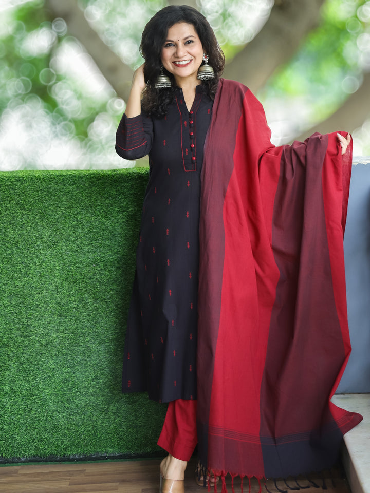 Shristhi Ebony Black Potli Button with Ban Collar in Thread Weaved South Cotton 3 Piece Set