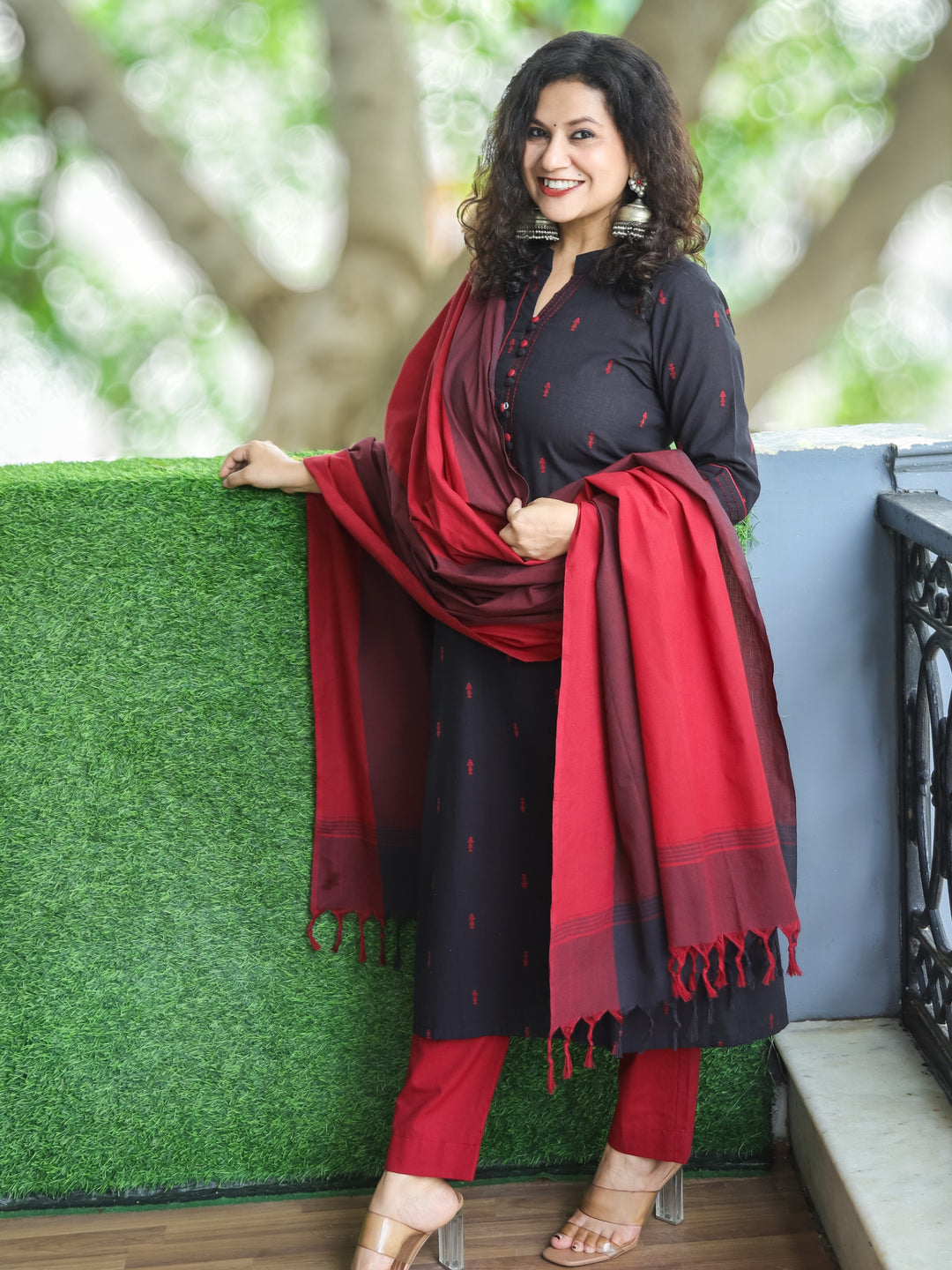 Shristhi Ebony Black Potli Button with Ban Collar in Thread Weaved South Cotton 3 Piece Set
