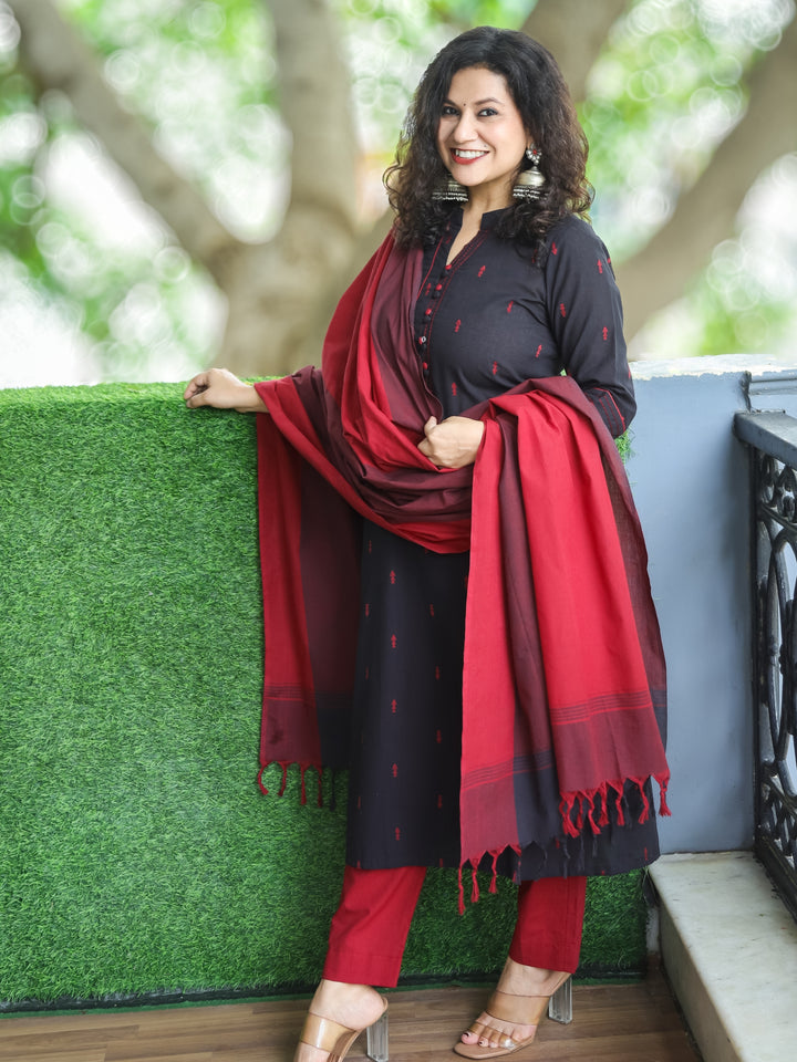 Shristhi Ebony Black Potli Button with Ban Collar in Thread Weaved South Cotton 3 Piece Set